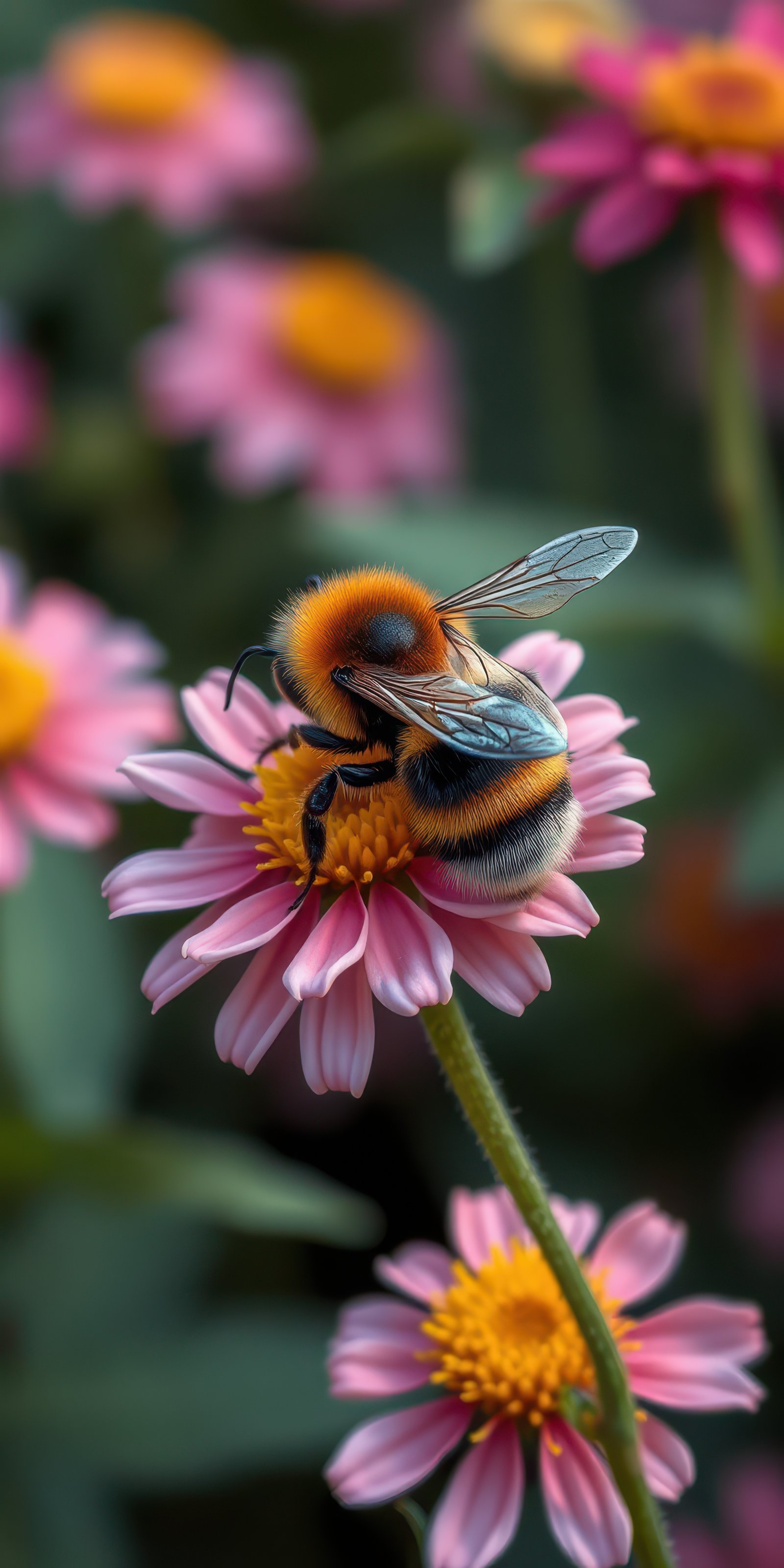Bumblebee gathers pollen from pink flower in a vibrant garden during sunny spring afternoon